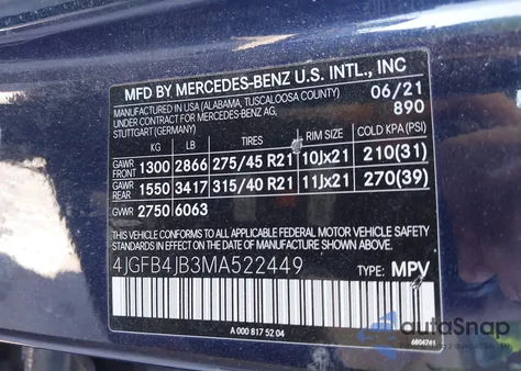 2021 Mercedes-Benz Gle 350 из США, поврежденный, VIN 4JGFB4JB3MA522449